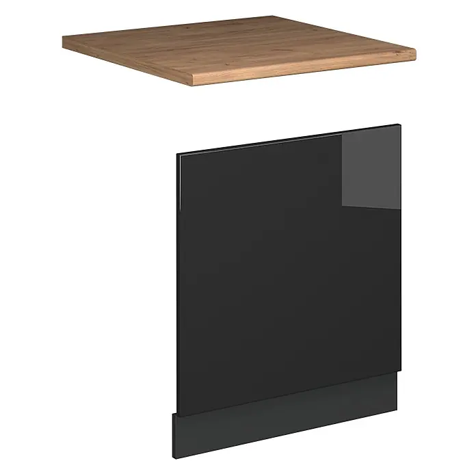 Vicco Frontblende Fame-Line, Anthrazit Hochglanz, 60 cm -  - Hölzerne Arbeitsplatte und eine schwarze Schranktür mit Sockelblende.