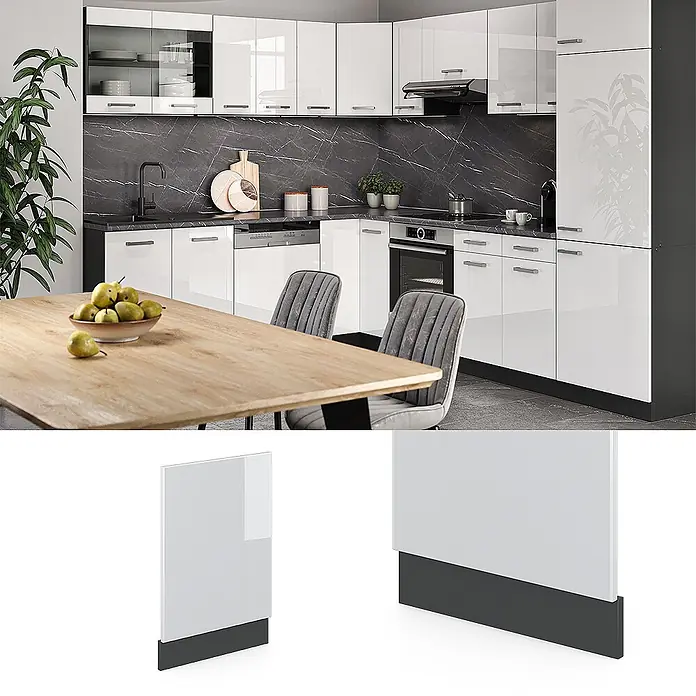 Vicco Frontblende R-Line, Weiß Hochglanz, 45 cm -  - Moderne weiße Hochglanzküche mit dunkler Marmorrückwand, integrierten Geräten und dunklem Sockel.