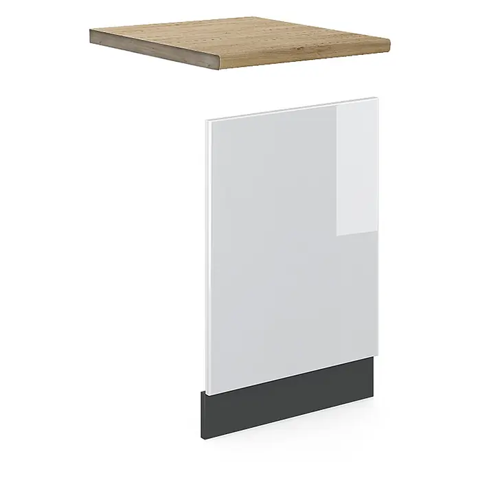 Vicco Frontblende R-Line, Weiß Hochglanz, 45 cm -  - Helle Holzplatte und weiße Hochglanz-Schranktür mit dunkelgrauem Sockel.