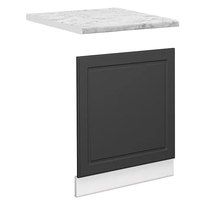 Vicco Frontblende Fame-Line, Anthrazit-Gold, 60 cm -  - Dunkelgraue Küchenschrankblende, weiße Marmorarbeitsplatte und weiße Sockelleiste für einen Unterschrank.
