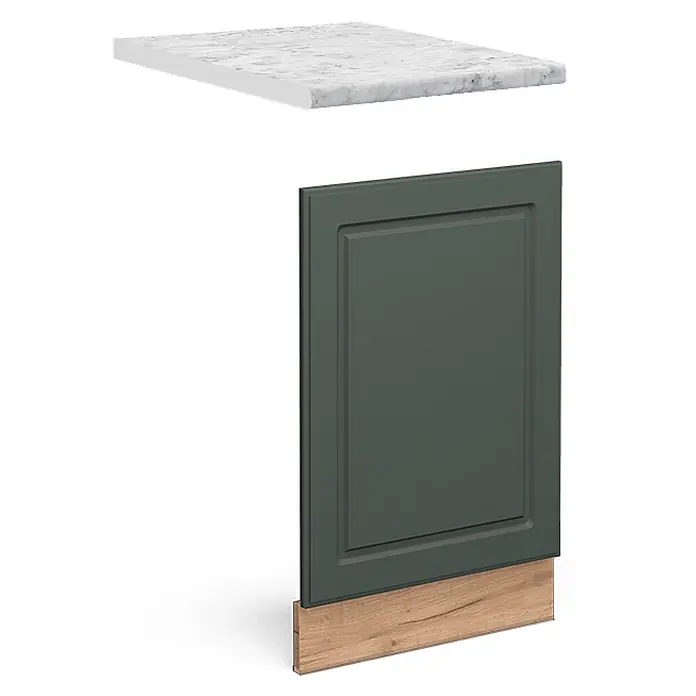 Frontblende Fame-Line 45 cm Grün-Gold Landhaus Art.-Nr. 46500 -  - Tiefgrüne Schrankfront mit weißer Marmor-Arbeitsplatte und hellem Holzsockel.
