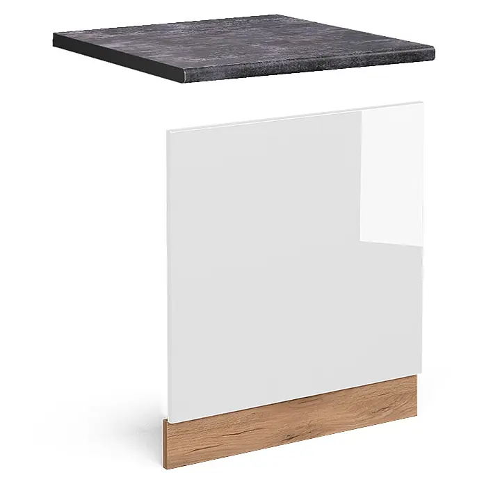Vicco Frontblende R-Line, Weiß Hochglanz, 60 cm -  - Dunkelgraue Arbeitsplatte mit weißer Hochglanz-Schranktür und Holzsockel.