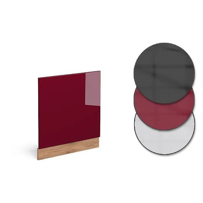 Vicco Frontblende R-Line, Rot, 60 cm -  - Materialmuster: Dunkelrote Platte mit Holzsockel, transluzenter Ecke. Runde Farbmuster: Dunkelgrau, Rot, Hellgrau.
