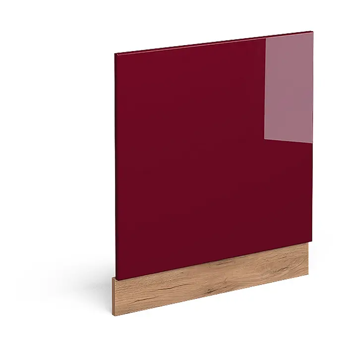 Vicco Frontblende R-Line, Rot, 60 cm -  - Hochglänzendes tiefrotes Paneel mit heller Holzmaserung als Basis, das moderne Möbeloberflächen zeigt.