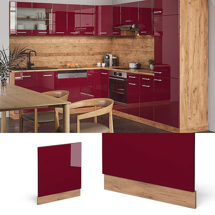 Vicco Frontblende R-Line, Rot, 60 cm -  - Moderne Küche mit hochglänzenden roten Schränken und Akzenten aus Naturholz. Eine rote Schranktür mit Holzsockel ist ebenfalls zu sehen.