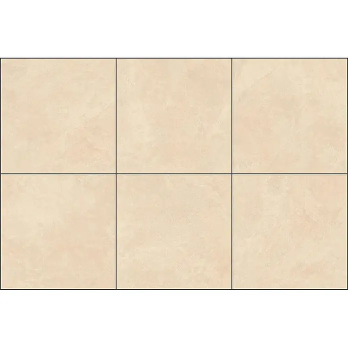 Feinsteinzeugfliese BURGOGNA STONE – 120 x 120 cm, Steinoptik, Mat -  - Sechs beigefarbene Bodenfliesen in Steinoptik mit dunklen Fugen, für Innen- und Außenbereiche.