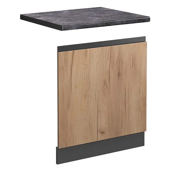 Vicco Frontblende R-Line, Goldkraft Eiche, 60 cm -  - Küchenfront in heller Holzoptik mit dunkelgrauer Leiste, dazu eine dunkelgraue Steinoptik-Arbeitsplatte.
