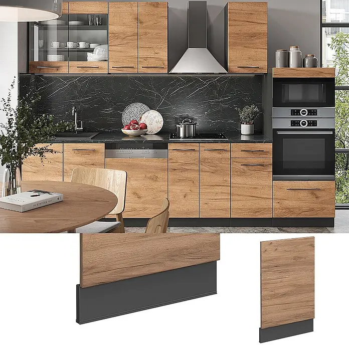 Vicco Frontblende Fame-Line, Goldkraft Eiche, 45 cm -  - Moderne Küche mit Holzoptik-Schränken, schwarzer Rückwand und dunkelgrauen Sockelleisten.