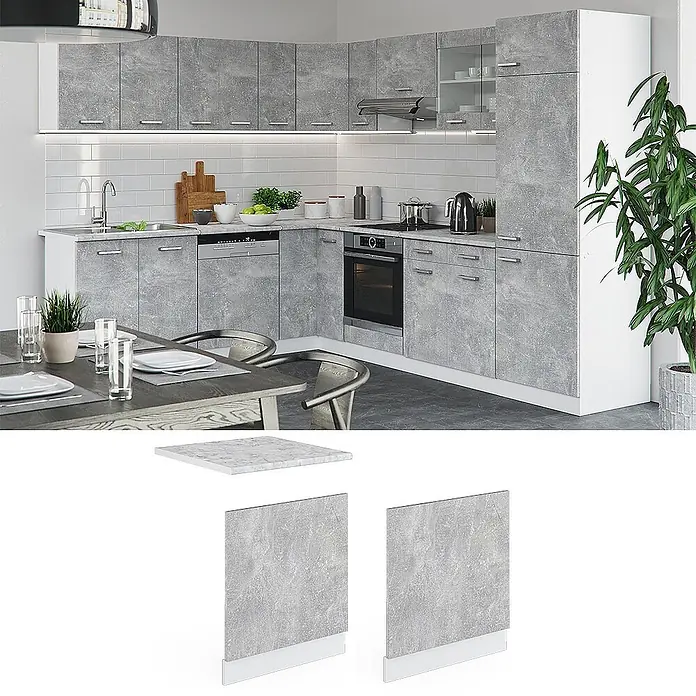 Vicco Frontblende R-Line, Beton, 60 cm -  - Moderne Eckküche mit grauen Betonoptik-Schränken, weißen Arbeitsplatten und integrierten Geräten.