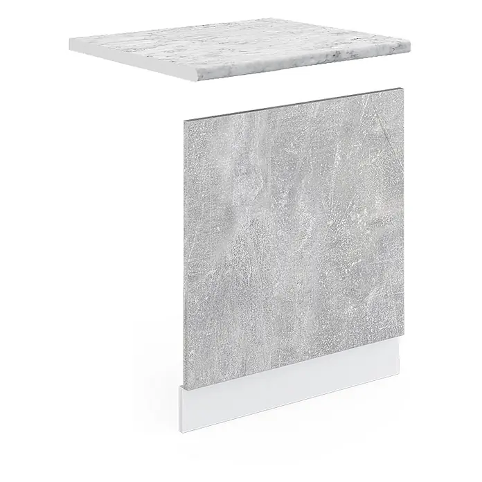 Vicco Frontblende R-Line, Beton, 60 cm -  - Modulare Küchenschrankkomponenten: weiße Marmor-Effekt-Arbeitsplatte, graue Beton-Effekt-Front und weiße Sockelleiste.