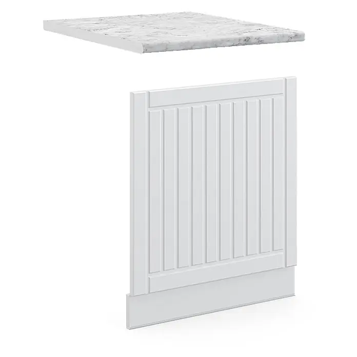 Vicco Frontblende Fame-Line, Weiß Landhaus, 60 cm -  - Weiße Lamellen-Schrankseitenwand mit weißer Marmor-Arbeitsplatte.