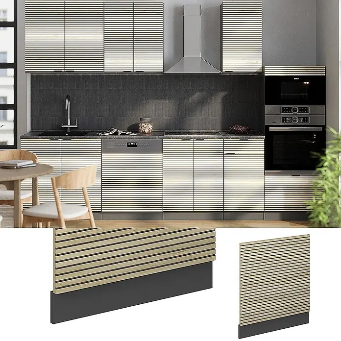 Vicco Frontblende Fame-Line, Eiche Paneel, 60 cm -  - Helles Holzlamellenpaneel mit schwarzer Sockelleiste, ideal für Küchenschränke und -inseln.