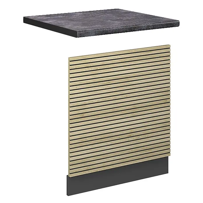 Vicco Frontblende Fame-Line, Eiche Paneel, 60 cm -  - Dunkelgraue Arbeitsplatte über einer Lamellenwand aus hellem Holz mit dunkelgrauem Sockel. Komponenten für moderne Möbel.