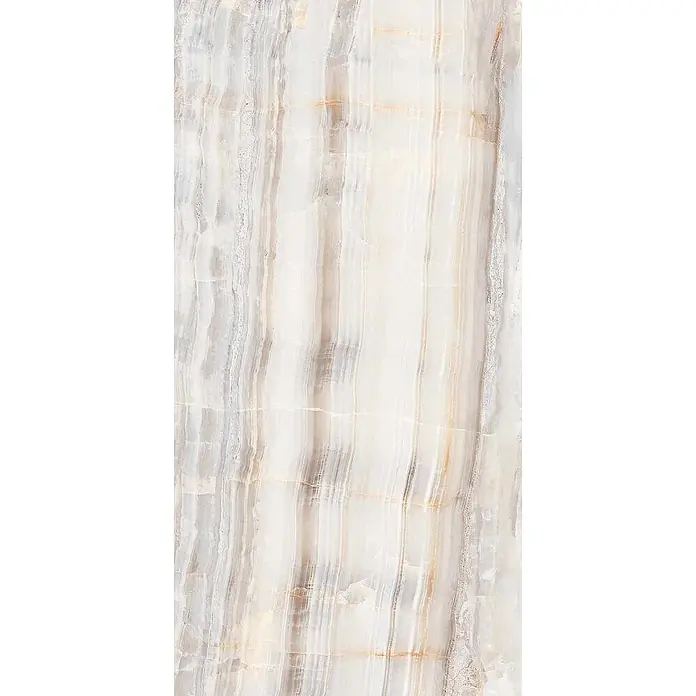 Feinsteinzeugfliese ONYX RAINBOW CLAIR – 60 x 120 cm, Onyxoptik, Brillant -  - Weiße und graue Marmoroptik-Platte mit vertikalen hellbraunen und goldenen Adern.