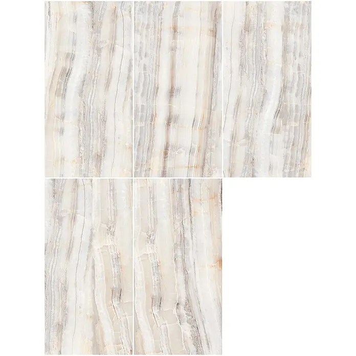Feinsteinzeugfliese ONYX RAINBOW CLAIR – 60 x 120 cm, Onyxoptik, Brillant -  - Helle beigefarbene und graue Marmorfliesen mit ausgeprägter vertikaler Maserung, ideal für elegante Wand- oder Bodenbeläge.