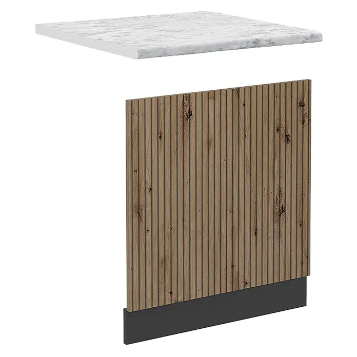 Vicco Frontblende R-Line, Artisan-Eiche, 60 cm -  - Küchenschrank-Seitenwand mit gerippter Holztextur und dunklem Sockel, bedeckt mit einer weißen Marmorplatte.