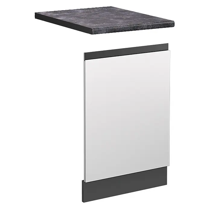 Vicco Frontblende R-Line, Weiß, 45 cm -  - Dunkelgraue Arbeitsplatte über einer weißen Schranktür mit dunkelgrauer Zierleiste.