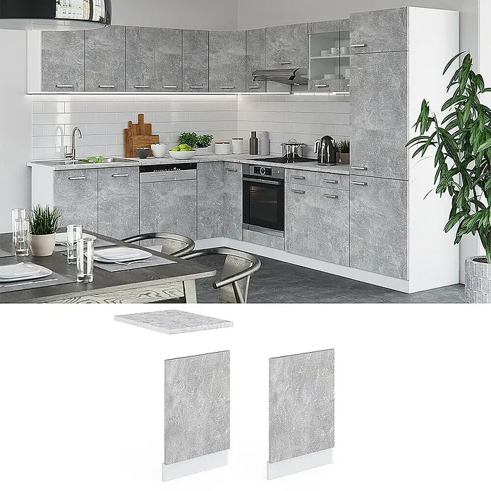 Vicco Frontblende R-Line, Beton, 45 cm -  - Eckküche mit Fronten in grauer Steinoptik, gezeigt mit passender Arbeitsplatte und Seitenblenden.