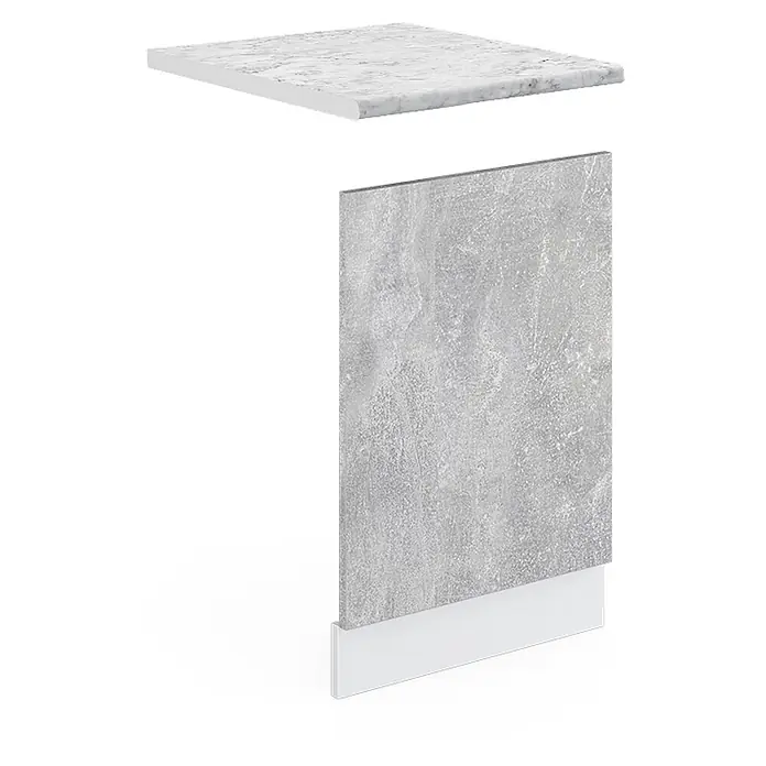 Vicco Frontblende R-Line, Beton, 45 cm -  - Helle Marmor-Arbeitsplatte und graue strukturierte Seitenwand mit weißem Sockel.
