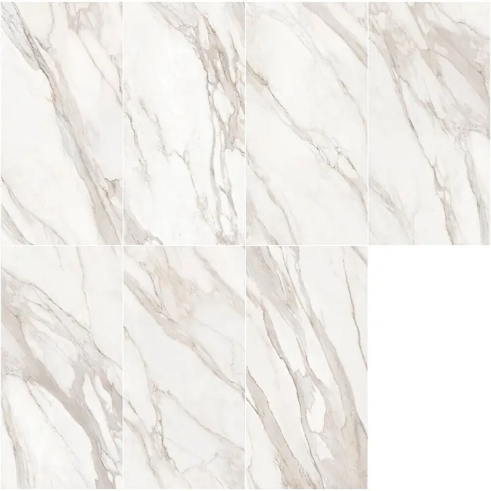 Feinsteinzeugfliese MAJESTIC ORO BIANCO – 60 x 120 cm, Marmoroptik, Brillant -  - Weiße Marmorfliesen mit hellbrauner und grauer Äderung.