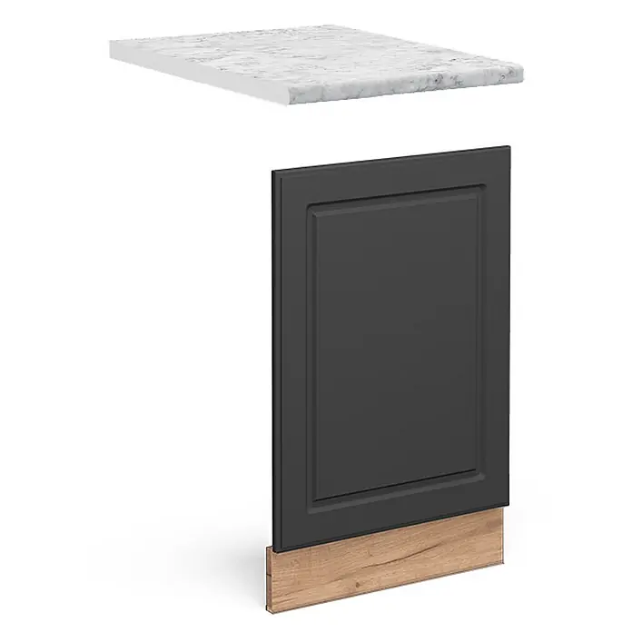 Vicco Frontblende Fame-Line, Anthrazit-Gold, 45 cm -  - Zerlegte Ansicht eines Schranks: weiße Marmor-Arbeitsplatte, dunkelgraue Schranktür und helle Holz-Sockelleiste.