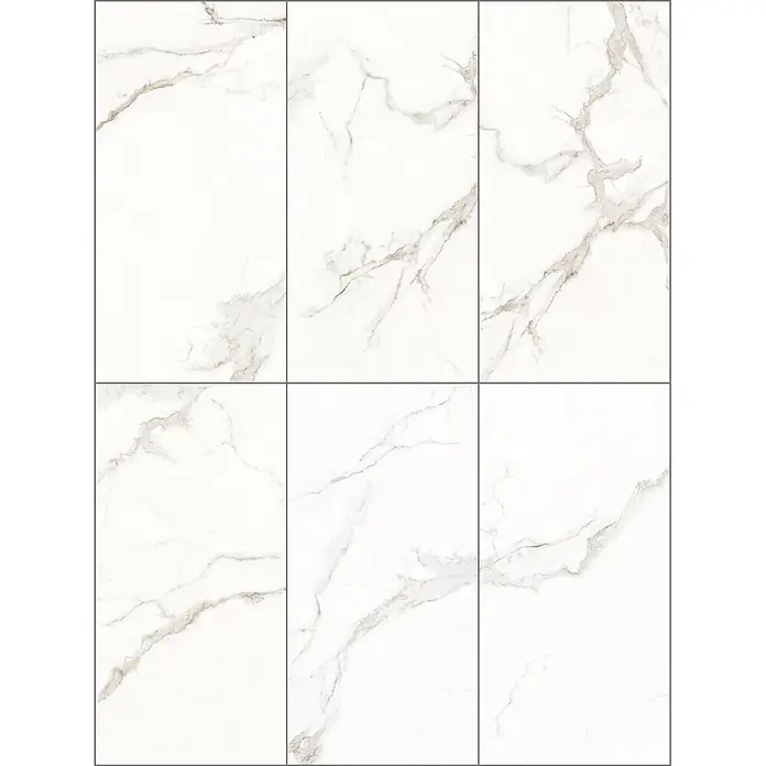 Limcaro Feinsteinzeugfliese ROME STATUARIO - 120 x 60 cm, Weiß, Glänzend - Sechs rechteckige weiße Marmorfliesen mit eleganter brauner und grauer Maserung, im Gittermuster angeordnet.