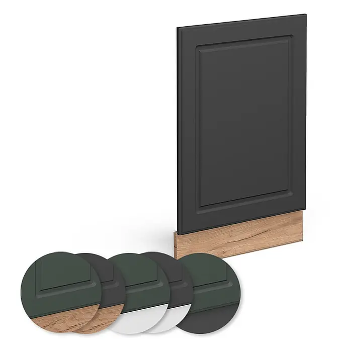 Vicco Frontblende Fame-Line, Anthrazit-Gold, 45 cm -  - Dunkelgraue Kassettentür mit Holzsockel. Farbmuster zeigen Tür- und Sockelkombinationen, inkl. Grün mit Holz oder Dunkelgrau, und Dunkelgrau mit Weiß.