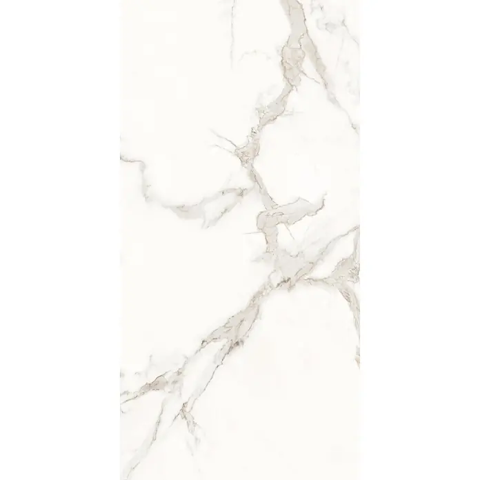 Limcaro Feinsteinzeugfliese ROME STATUARIO - 120 x 60 cm, Weiß, Glänzend - Weißes Marmormuster mit eleganter grauer und brauner Maserung.