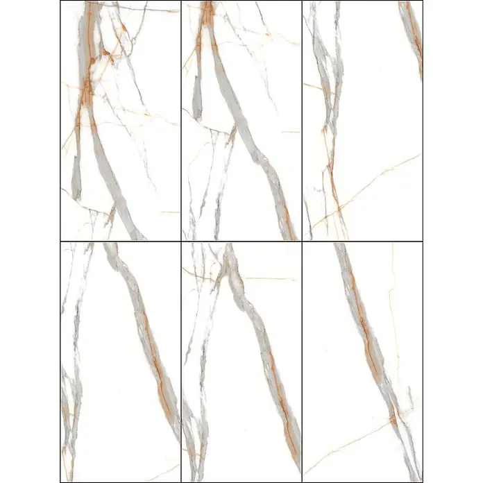 Feinsteinzeugfliese VOLGA STATUARIO – 60 x 120 cm, Marmoroptik, Brillant -  - Weiße Marmorfliesen mit grauen und goldenen Adern.