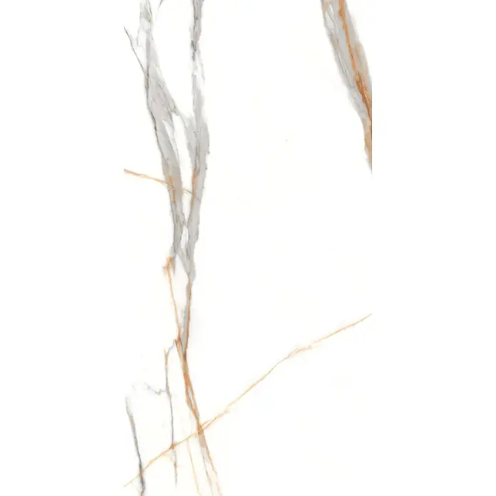 Feinsteinzeugfliese VOLGA STATUARIO – 60 x 120 cm, Marmoroptik, Brillant -  - Weiße Marmorplatte mit eleganten grauen und auffälligen goldenen Adern, ideal für luxuriöse Oberflächen.