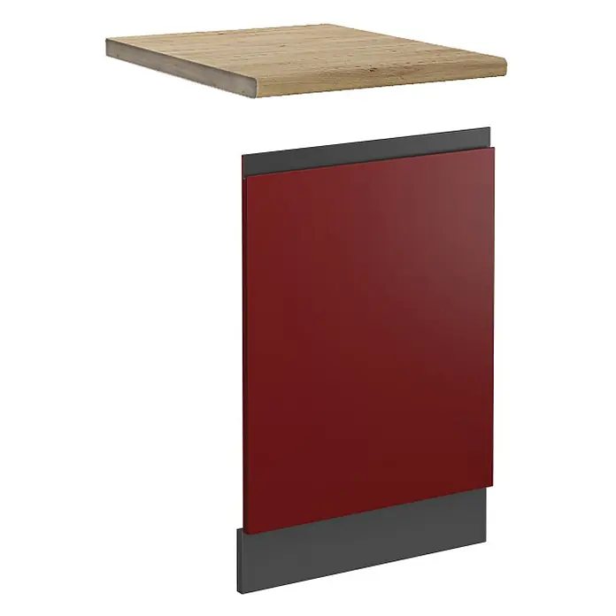 Vicco Frontblende R-Line, Rot, 45 cm -  - Helle Holz-Arbeitsplatte für Küche oder Möbel, über einer roten Schranktür mit dunkelgrauer Zierleiste.