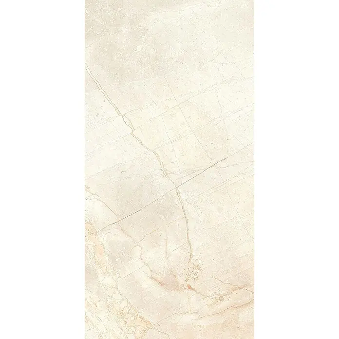 Feinsteinzeugfliese VIVALDI BONE – 60 x 120 cm, Onyxoptik, Brillant -  - Helle beige Marmorfliese mit zarter, unregelmäßiger rotbrauner Maserung, geeignet für Böden oder Wände.