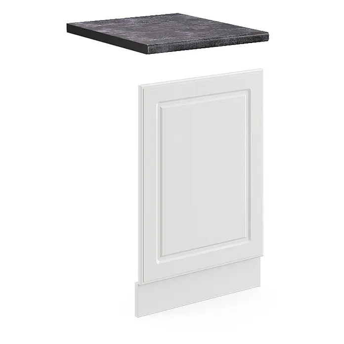 Vicco Frontblende R-Line, Weiß Landhaus, 45 cm -  - Dunkelgraue Arbeitsplatte und weiße Paneeltür mit Sockelleiste.