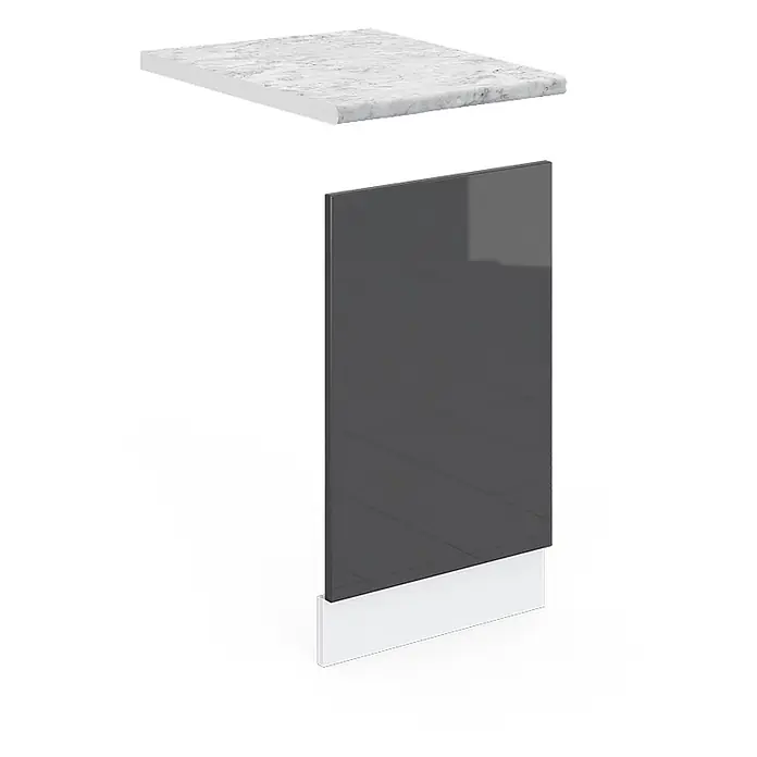 Vicco Frontblende R-Line, Anthrazit Hochglanz, 45 cm -  - Küchenschrank-Komponenten: weiße Marmorarbeitsplatte, dunkelgraue Hochglanztürplatte und weiße Sockelblende.