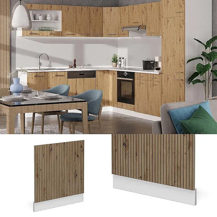 Vicco Frontblende R-Line, Artisan-Eiche, 60 cm -  - Holzlamellen-Küchenschrankfronten mit weißem Sockel, in einer modernen Küche integriert.