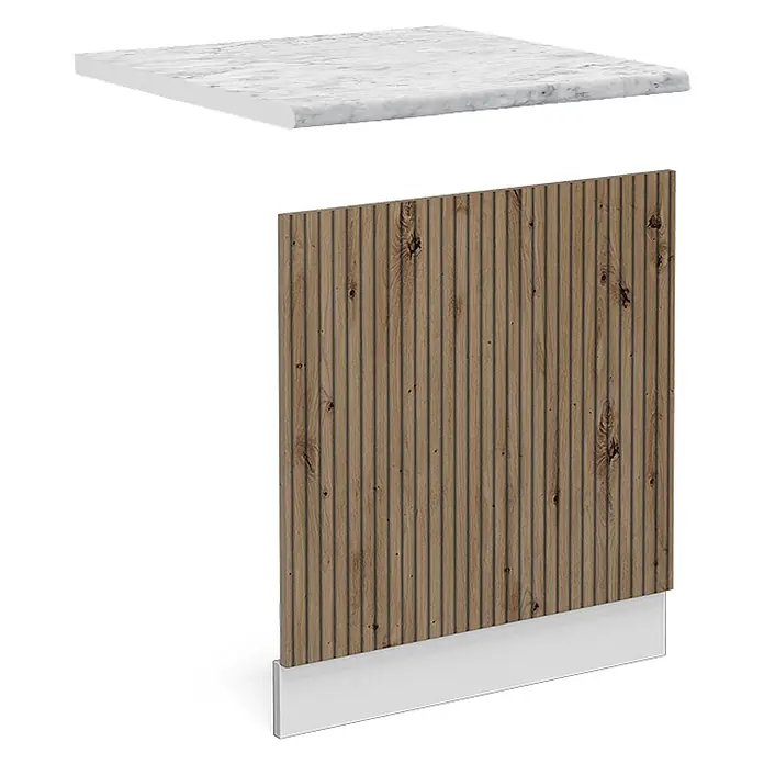 Vicco Frontblende R-Line, Artisan-Eiche, 60 cm -  - Schrankkomponenten: weiße Arbeitsplatte in Marmoroptik, Holzlamellenpaneel und weiße Sockelleiste.