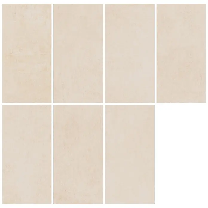 Feinsteinzeugfliese FABBRICA BEIGE – 60 x 120 cm, Betonoptik, Mat -  - Sieben rechteckige beige matte Fliesen mit subtiler Textur für Böden oder Wände.