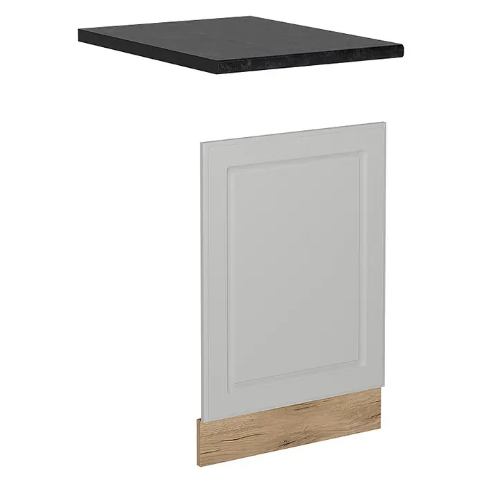 Frontblende R-Line 45 cm Weiß Landhaus Art.-Nr. 53396 -  - Küchenschrankelemente: Dunkelgraue Arbeitsplatte, hellgraue Kassettentür und Holzsockel.