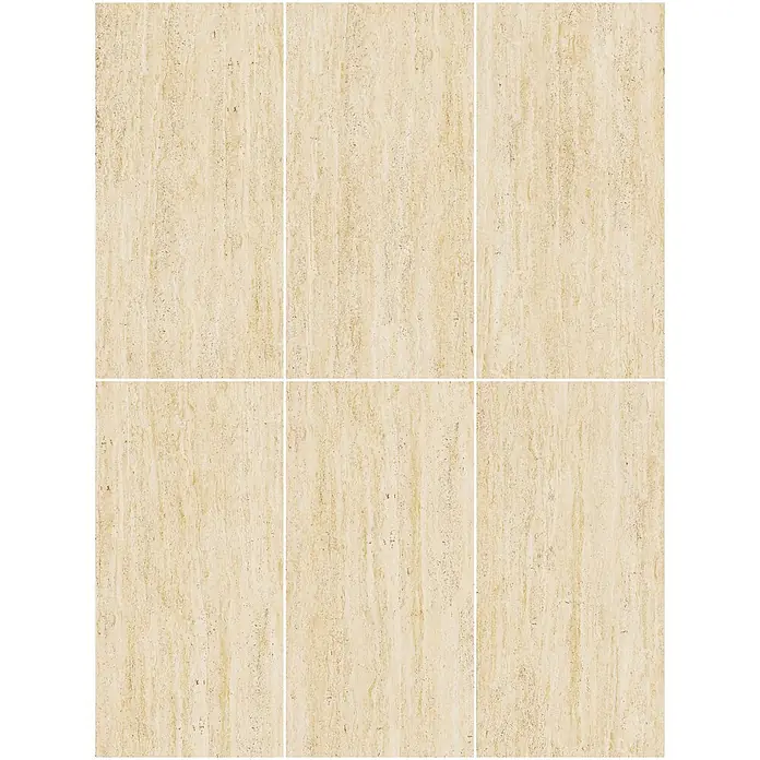 Feinsteinzeugfliese VIVA TRAVERTINO BEIGE – 60 x 120 cm, Travertinoptik, Mat -  - Nahaufnahme beiger Natursteinfliesen mit dezenter, strukturierter, linearer Maserung, ideal für eine durchgehende Fläche.