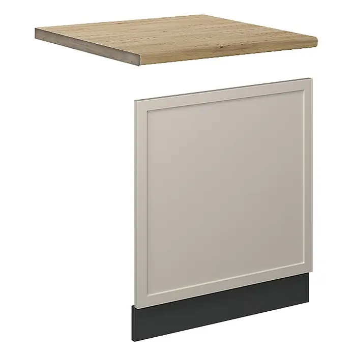 Vicco Frontblende Fame-Line, GrauBeige, 60 cm -  - Helle Holz-Arbeitsplatte und eine neutralfarbene gerahmte Schranktür mit dunkler Sockelblende.