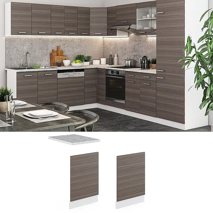 Vicco Frontblende R-Line, Edelgrau, 45 cm -  - Moderne L-förmige Küche mit dunklen Holzmaserungsschränken und hellen Marmoroptik-Arbeitsplatten.