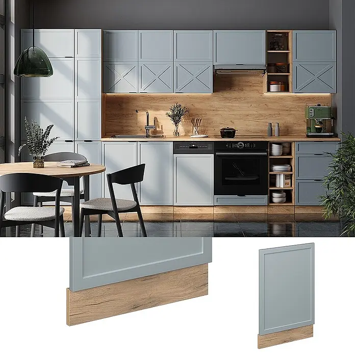Vicco Frontblende Fame-Line, Hellblau-grau, 45 cm -  - Hellblau-graue Küchenschranktür mit Holzsockel, Teil einer modernen Küche.