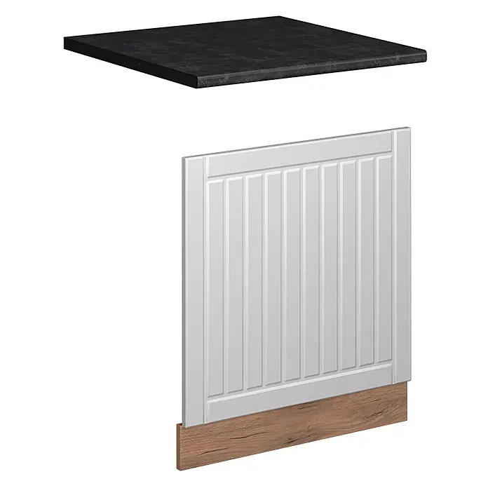 Frontblende Fame-Line 60 cm Weiß Landhaus Art.-Nr. 57080 -  - Schwarze Arbeitsplatte, weiße Rillenplatte und Holzsockelkomponenten für einen Küchenschrank.