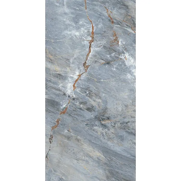 Feinsteinzeugfliese IMPERIUM BLEU – 60 x 120 cm, Marmoroptik, Dekor -  - Helle blaugraue Marmoroberfläche mit weißen und rotbraunen Maserungen.