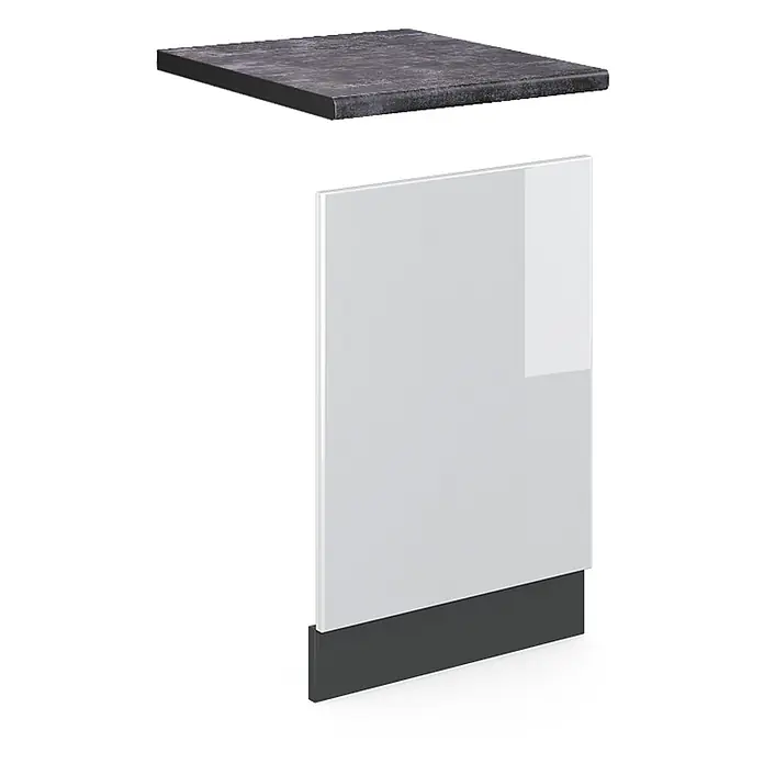 Vicco Frontblende R-Line, Weiß Hochglanz, 45 cm -  - Dunkle texturierte Arbeitsplatte und helle glänzende Schranktür mit dunklem Sockel.