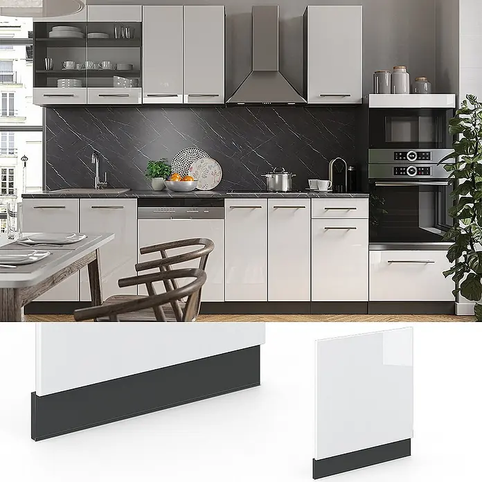 Vicco Frontblende Fame-Line, Weiß Hochglanz, 60 cm -  - Hochglanz-weiße Küchenschranktüren und schwarze Sockelblenden. Detailansicht von Tür und Sockel.