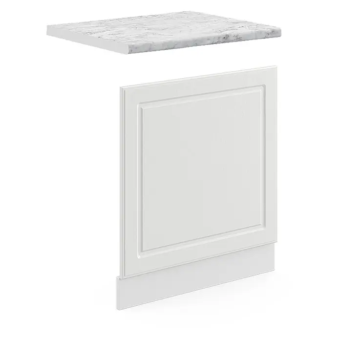 Vicco Frontblende R-Line, Weiß Landhaus, 60 cm -  - Weiße Schrankseitenwand mit Rahmenmuster und weißem Sockel, gekrönt von einer weißen Marmorarbeitsplatte.