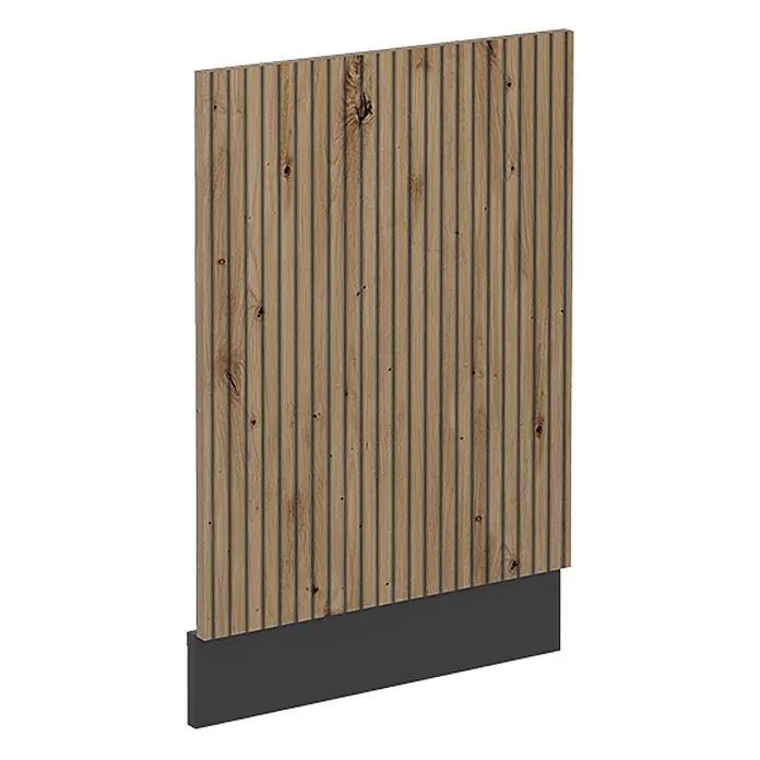 Frontblende R-Line 45 cm Artisan-Eiche Art.-Nr. 47053 -  - Holzoptik-Lamellenplatte mit natürlicher Maserung und Ästen auf dunkelgrauem Sockel.