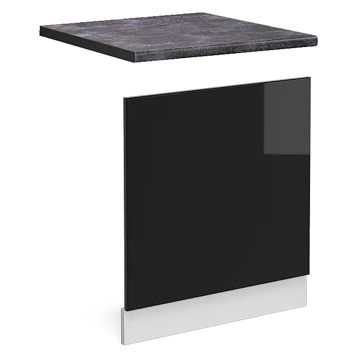 Vicco Frontblende R-Line, Schwarz Hochglanz, 60 cm -  - Dunkelgraue Arbeitsplatte über einer glänzenden schwarzen Schranktür mit silbernem Sockel.