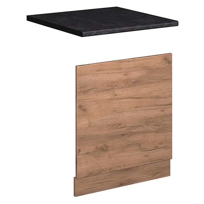Vicco Frontblende Fame-Line, Goldkraft Eiche, 60 cm -  - Schwarze Arbeitsplatte und hölzerne Schrank-Abschlussplatte.